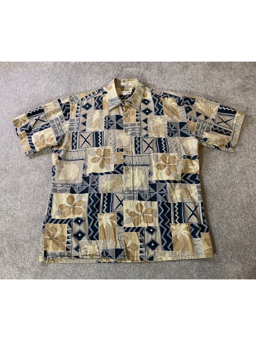 Pierre Cardin Mens Hawaiian Shirt Beige & Navy Tropical Print Cotton Large